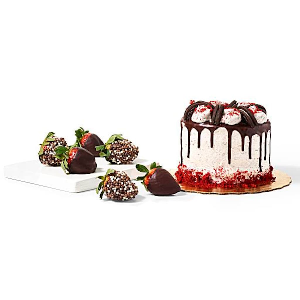 Cake and chocolate covered strawberries